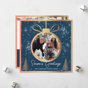 Winter Blue Gold Kerstversiering 2 Foto Feestdagenkaart