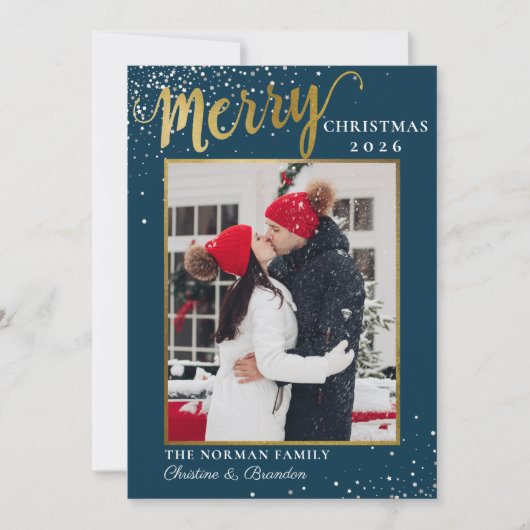 Winter Blue Gold Script Merry Kerstfoto Feestdagenkaart (Voorkant)