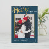 Winter Blue Gold Script Merry Kerstfoto Feestdagenkaart (Staand voorkant)