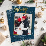 Winter Blue Gold Script Merry Kerstfoto Feestdagenkaart<br><div class="desc">Winter Blue Gold Script Merry kerstfoto Kaart</div>