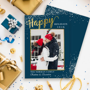 Winter Blue Gold Script Prettige feestdagen foto Feestdagenkaart
