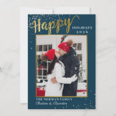 Winter Blue Gold Script Prettige feestdagen foto Feestdagenkaart (Voorkant)