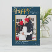 Winter Blue Gold Script Prettige feestdagen foto Feestdagenkaart (Staand voorkant)