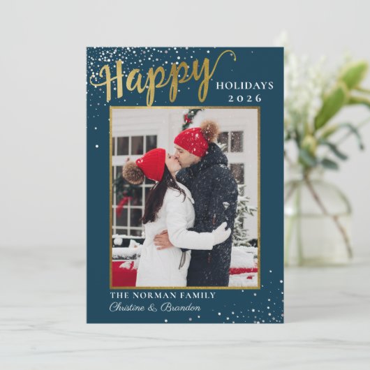 Winter Blue Gold Script Prettige feestdagen foto Feestdagenkaart (Staand voorkant)