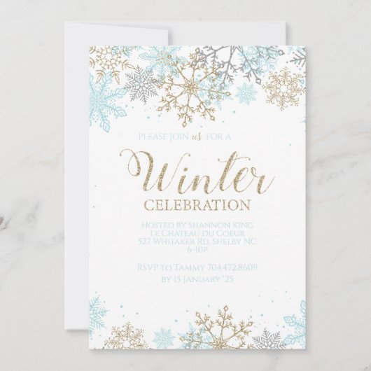 Winter Blue Gold Silver Snowflakes Birthday Kaart (Voorkant)