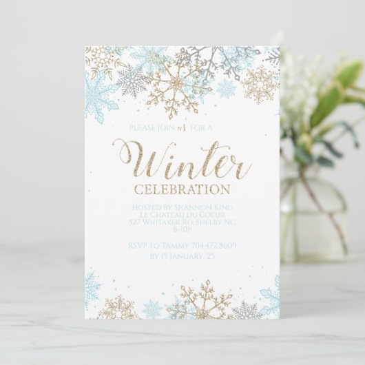 Winter Blue Gold Silver Snowflakes Birthday Kaart (Staand voorkant)