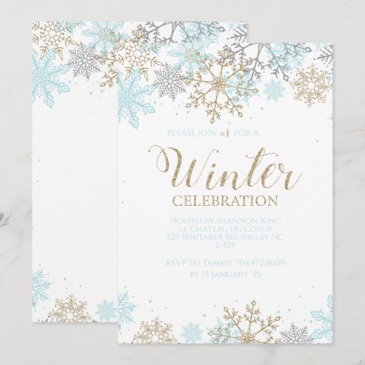 Winter Blue Gold Silver Snowflakes Birthday Kaart (Voorkant / Achterkant)