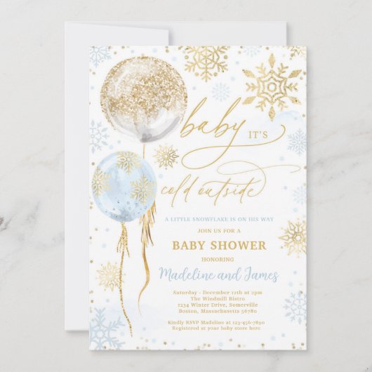 Winter Blue & Gold Snowflake Baby shower Kaart (Voorkant)