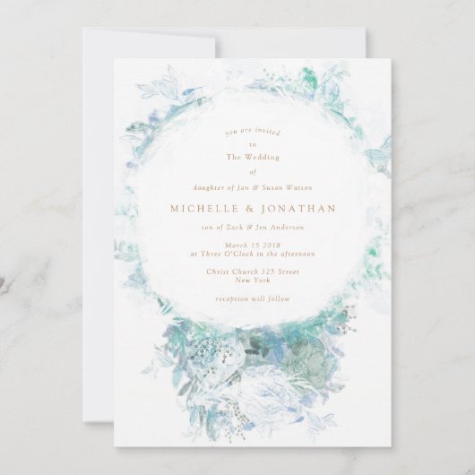 Winter Blue Green Flowers Boho Wedding Invitation Kaart (Voorkant)