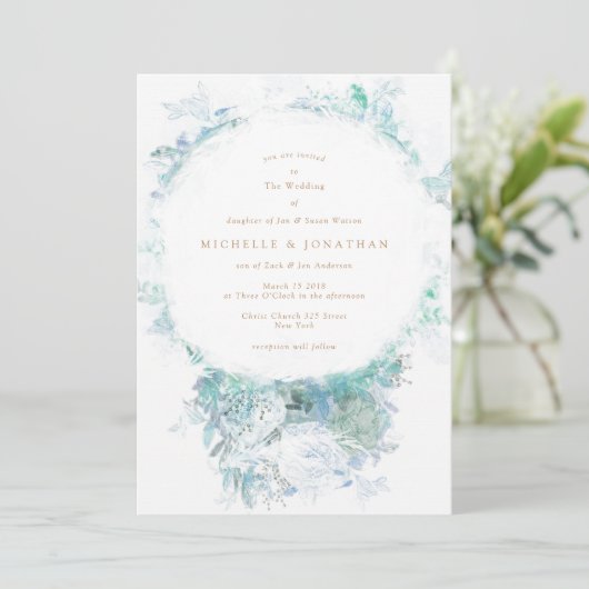 Winter Blue Green Flowers Boho Wedding Invitation Kaart (Staand voorkant)
