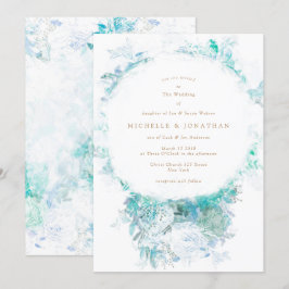 Winter Blue Green Flowers Boho Wedding Invitation Kaart