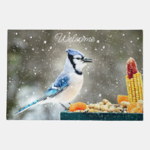 Winter Blue Jay Doormat