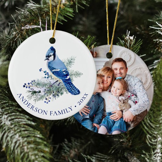 Winter Blue Jay Family Photo Christmas  Keramisch Ornament