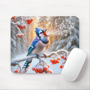 Winter Blue Jay zingt op Berry Tree Muismat