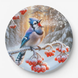 Winter Blue Jay zingt op een rode bessen boom Papieren Bordje