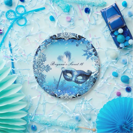Winter Blue Masquerade Mask & Snowflakes Elegant Papieren Bordje (Feest)