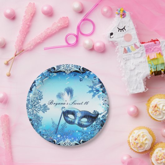 Winter Blue Masquerade Mask & Snowflakes Elegant Papieren Bordje (Feest)
