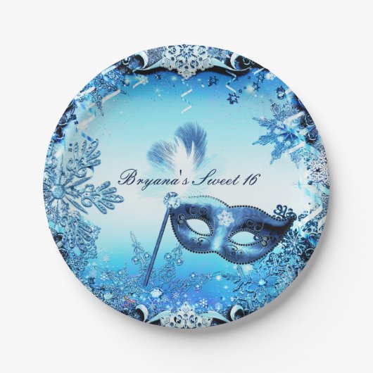 Winter Blue Masquerade Mask & Snowflakes Elegant Papieren Bordje (Voorkant)