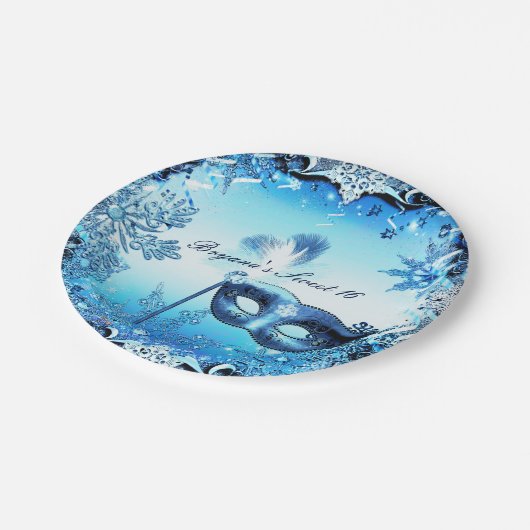 Winter Blue Masquerade Mask & Snowflakes Elegant Papieren Bordje (Gekanteld)
