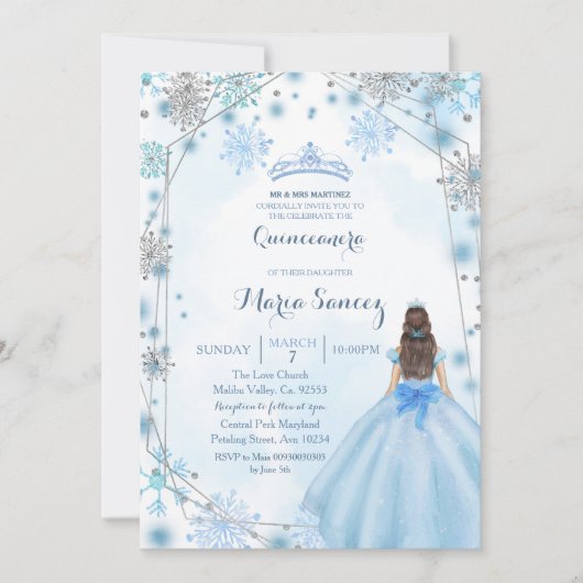 Winter Blue Mexican Girl Charra Mis Quince Invite Kaart (Voorkant)