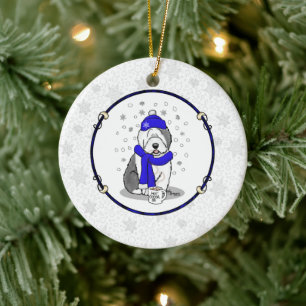 Winter Blue Old English Sheepdog Dog (grijs 1) Cut Keramisch Ornament