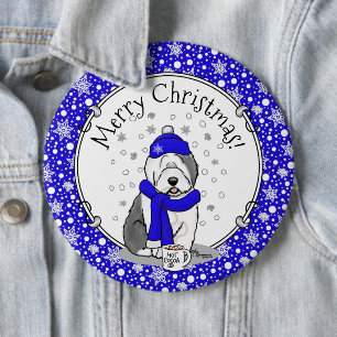 Winter Blue Old English Sheepdog Dog (grijs 1) Cut Ronde Button 6,0 Cm
