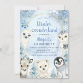 Winter Blue Onederland Woodland Animals Verjaardag Kaart (Voorkant)
