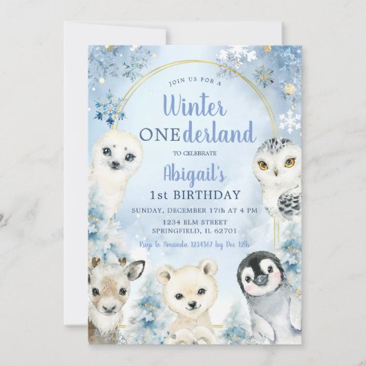 Winter Blue Onederland Woodland Animals Verjaardag Kaart (Voorkant)
