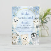 Winter Blue Onederland Woodland Animals Verjaardag Kaart (Staand voorkant)