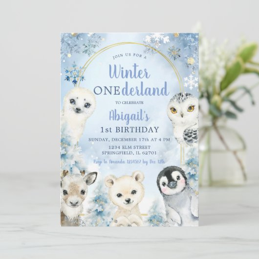 Winter Blue Onederland Woodland Animals Verjaardag Kaart (Staand voorkant)