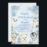Winter Blue Onederland Woodland Animals Verjaardag Kaart<br><div class="desc">Winter Blue Onederland Woodland Animals Verjaardagsuitnodiging</div>