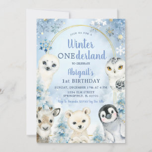 Winter Blue Onederland Woodland Animals Verjaardag Kaart