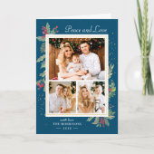 Winter Blue Peace and Love Holly Berries 3 Foto Feestdagen Kaart (Voorkant)