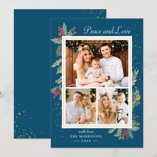 Winter Blue Peace and Love Holly Berries 3 Foto Feestdagenkaart (Voorkant / Achterkant)