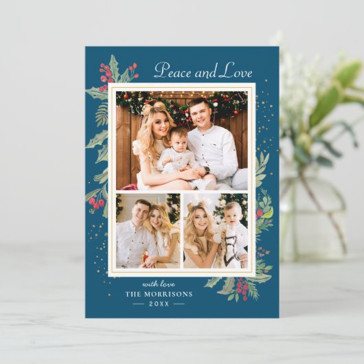 Winter Blue Peace and Love Holly Berries 3 Foto Feestdagenkaart (Staand voorkant)