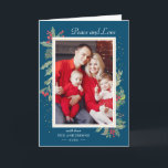Winter Blue Peace and Love Holly Berries Foto Feestdagen Kaart<br><div class="desc">Verzend uw wensen/bericht van Kerstmis met deze Botanische Kaarten van Mistletoe die Waterverf Floral en Berries met een weinig Gouden Confetti kenmerken om uw groetbericht te benadrukken. (1) Voor verdere aanpassing, gelieve de "pas verder"verbinding aan en ons ontwerphulpmiddel te gebruiken om deze sjabloon te wijzigen. (2) Als u de voorkeur...</div>