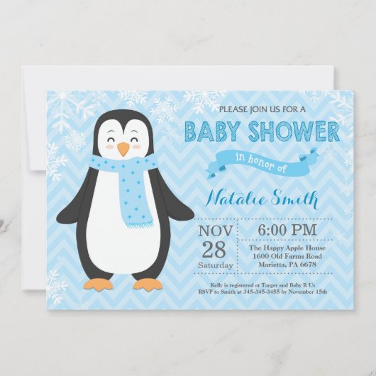 Winter Blue Penguin Boy Baby shower Kaart (Voorkant)