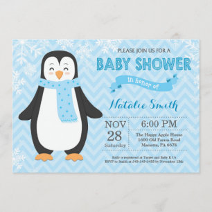 Winter Blue Penguin Boy Baby shower Kaart
