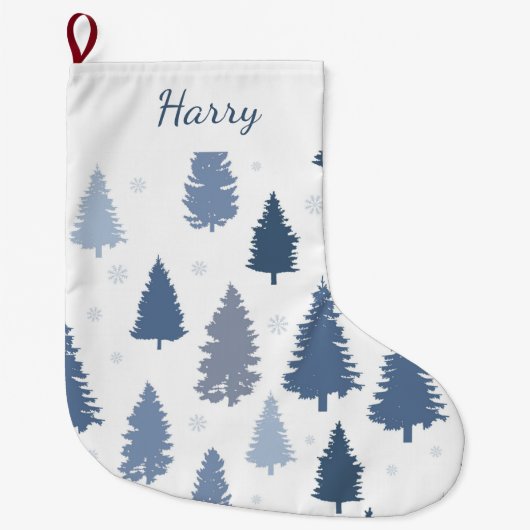 Winter Blue Pine Trens Pattern Aangepast Grote Kerstsok (Voorkant)