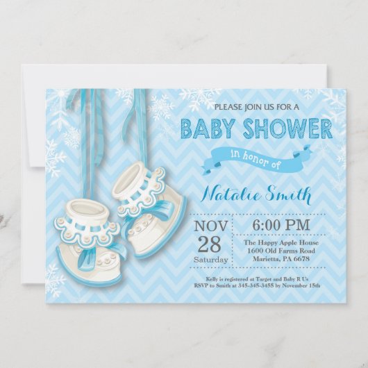 Winter Blue Shoes Boy Baby shower Invitation Kaart (Voorkant)