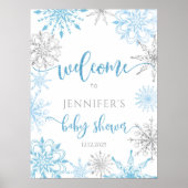 Winter Blue Silver snewflakes baby shower Welkom Poster (Voorkant)