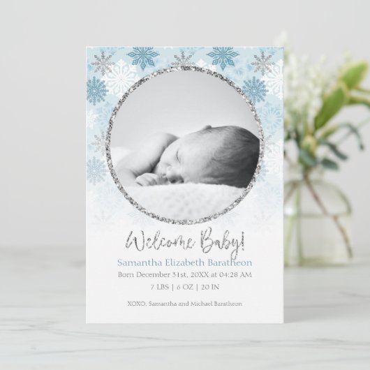 Winter Blue & Silver Snowflake Baby Birth Announce Aankondiging (Staand voorkant)