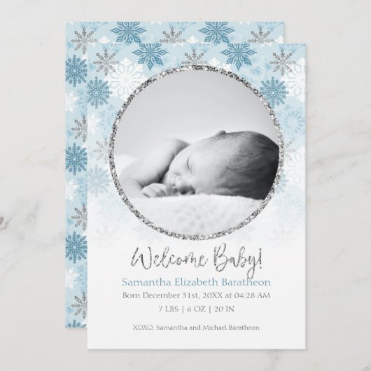 Winter Blue & Silver Snowflake Baby Birth Announce Aankondiging (Voorkant / Achterkant)