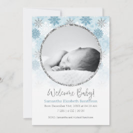 Winter Blue & Silver Snowflake Baby Birth Announce Aankondiging
