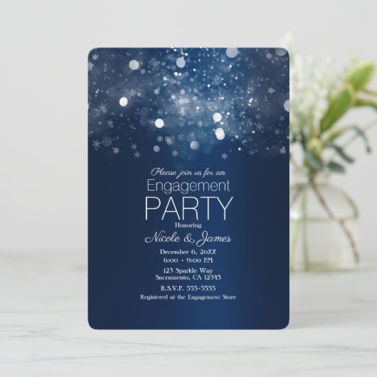 Winter Blue Silver Sparkling Lights Verloving Kaart (Staand voorkant)