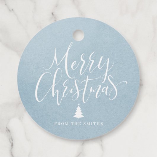 Winter Blue Simple Calligraphy Merry Kerstry Bedankjes Labels (Achterkant)