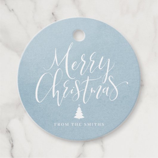 Winter Blue Simple Calligraphy Merry Kerstry Bedankjes Labels (Voorkant)