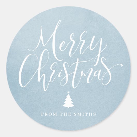 Winter Blue Simple Calligraphy Merry Kerstry Ronde Sticker (Voorkant)