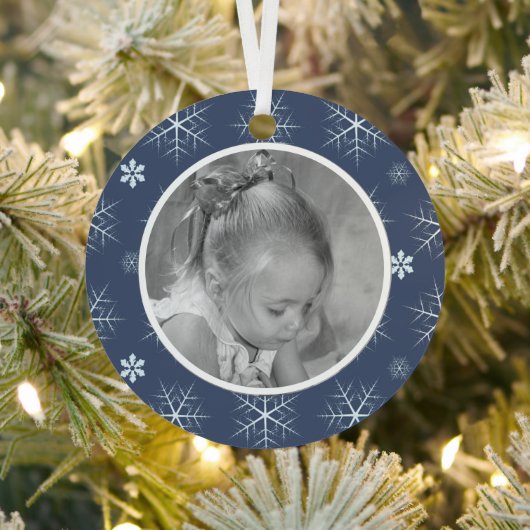 Winter Blue Snowflake Cute Foto gepersonaliseerd Metalen Ornament (Insitu)