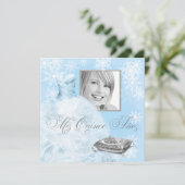 Winter Blue Snowflake Foto Quinceanera Uitnodiging (Staand voorkant)
